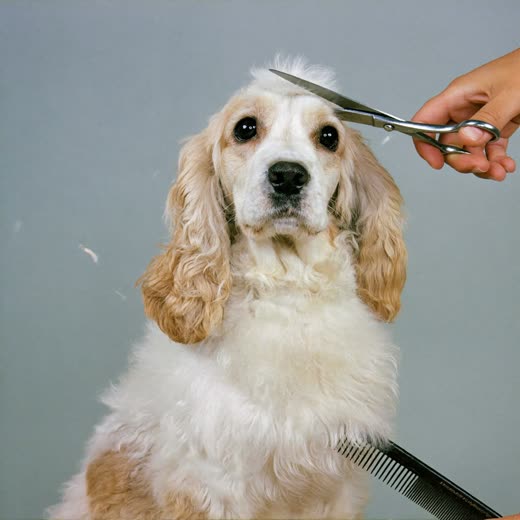 A spaniel having its coat trimmed with grooming scissors